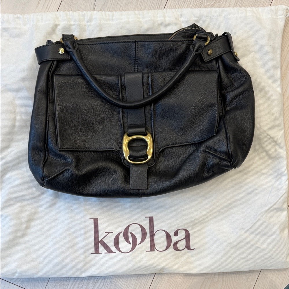 Kooba Black Leather Shoulder Bag with Gold Buckle